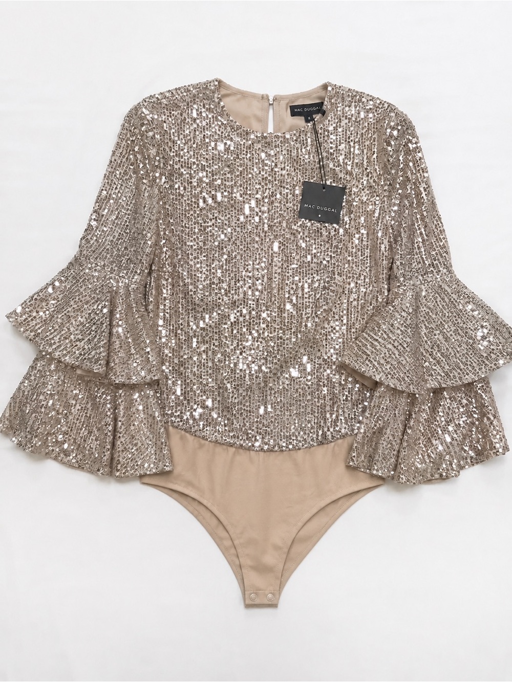 Mac Duggal Nude Sequin Ruffle Sleeve Dress Top Bodysuit XS Small R26822 - Picture 3 of 8